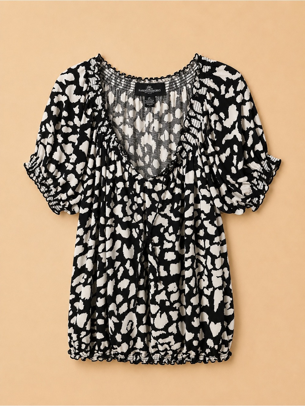 Karen Brooks Black & White Abstract Puff Sleeve Blouse